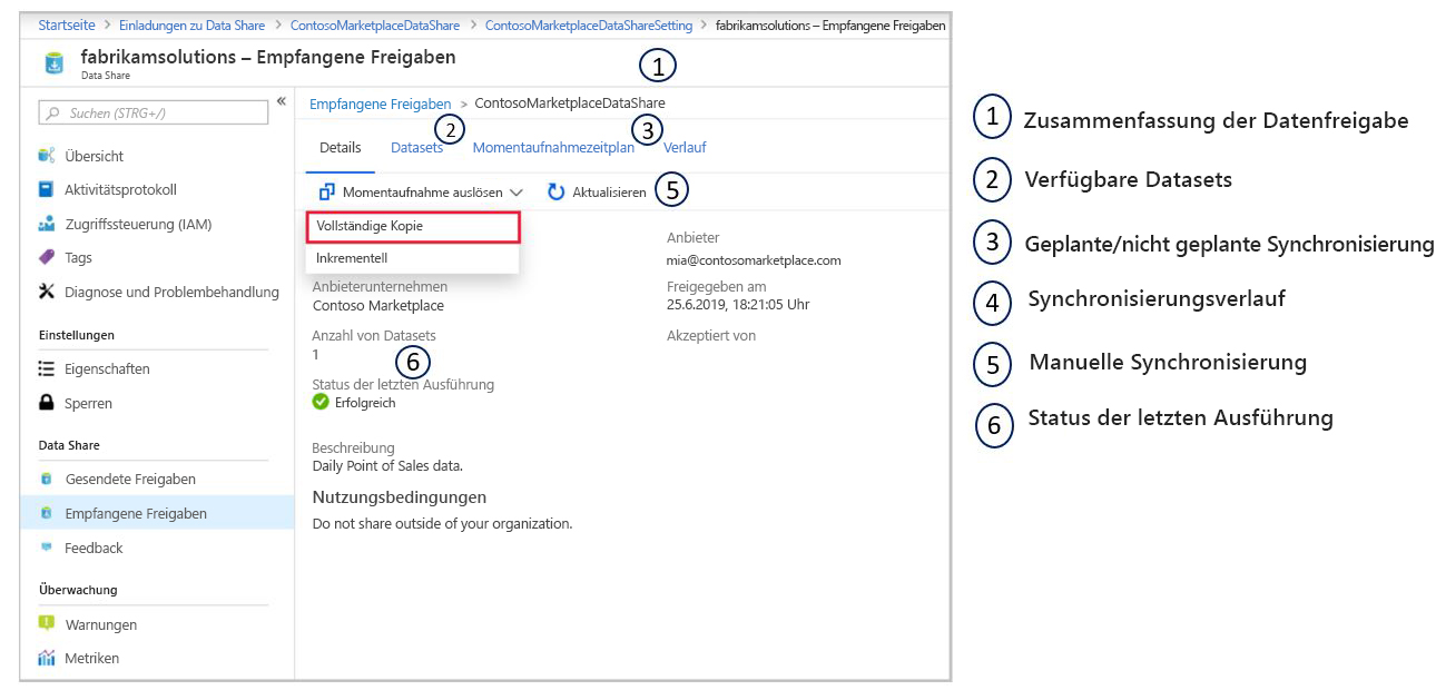 Screenshot: Konfigurationsbereich der Datenfreigabe im Azure-Portal, in dem die Einstellung „Momentaufnahme auslösen“ hervorgehoben ist